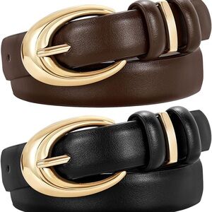 Two Stylish Gold Buckle Leather Belts - One Black and One Brown